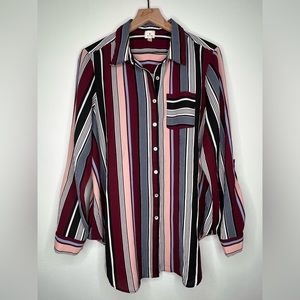 Dress Barn Blouse - burgundy/pink/blue/black/white stripe size 1X